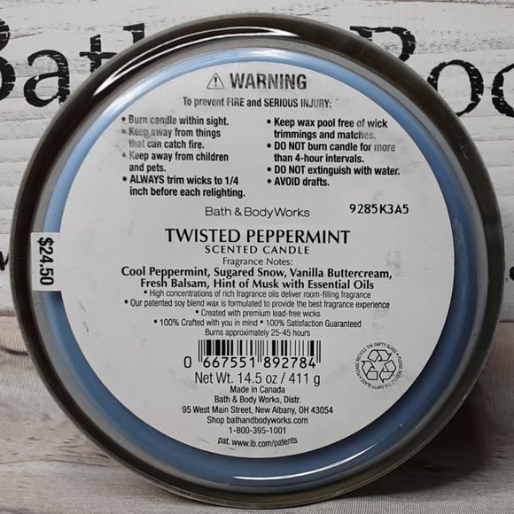 BATH & BODY WORKS        'TWISTED PEPPERMINT' 3-WICK CANDLE 'CALM & BRIGHT' - Picture 4 of 7